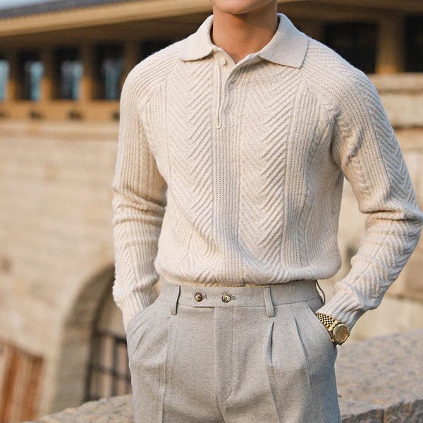 Men Winter Knit Sweater Textured Surface Button-Down Collar Long Sleeves