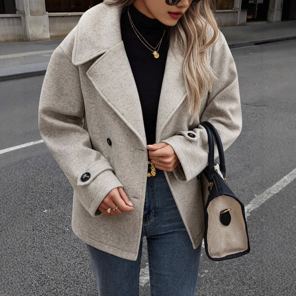 Women Autumn Winter Coat Loose Fit Button Closure Long Sleeves Solid Color