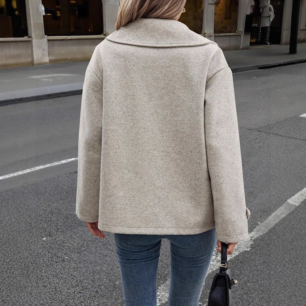 Women Autumn Winter Coat Loose Fit Button Closure Long Sleeves Solid Color