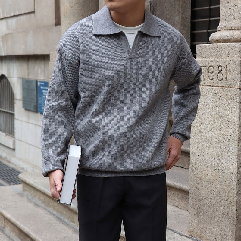Men’s V-Neck Polo Sweater Slim Fit Long Sleeves Lightweight Knit