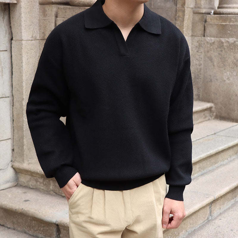 Men’s V-Neck Polo Sweater Slim Fit Long Sleeves Lightweight Knit