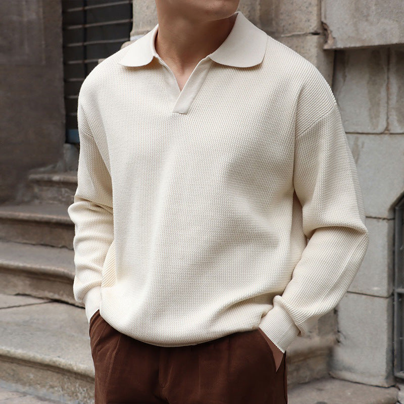 Men’s V-Neck Polo Sweater Slim Fit Long Sleeves Lightweight Knit