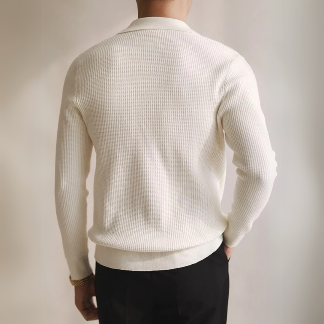 Men’s V-Neck Polo Sweater Slim Fit Long Sleeves Lightweight Knit