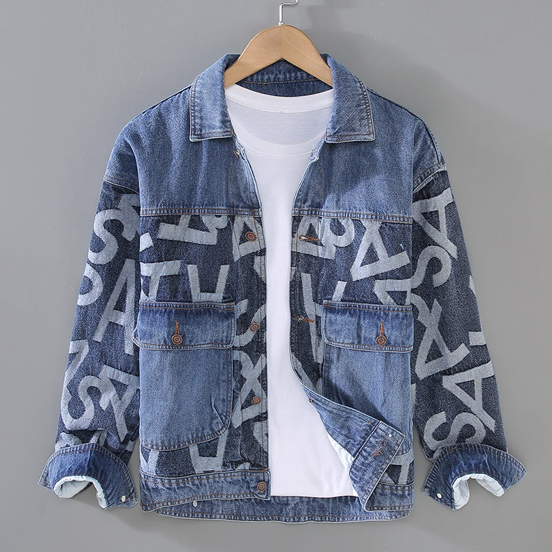 Men’s Autumn Winter Denim Jacket Heavyweight Baggy Fit With Stitching Details
