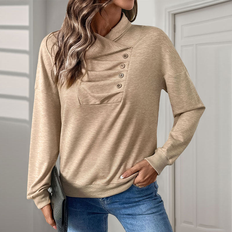 Women Autumn Winter Sweater Stand Collar Pleated Front Button Detail Long Sleeves