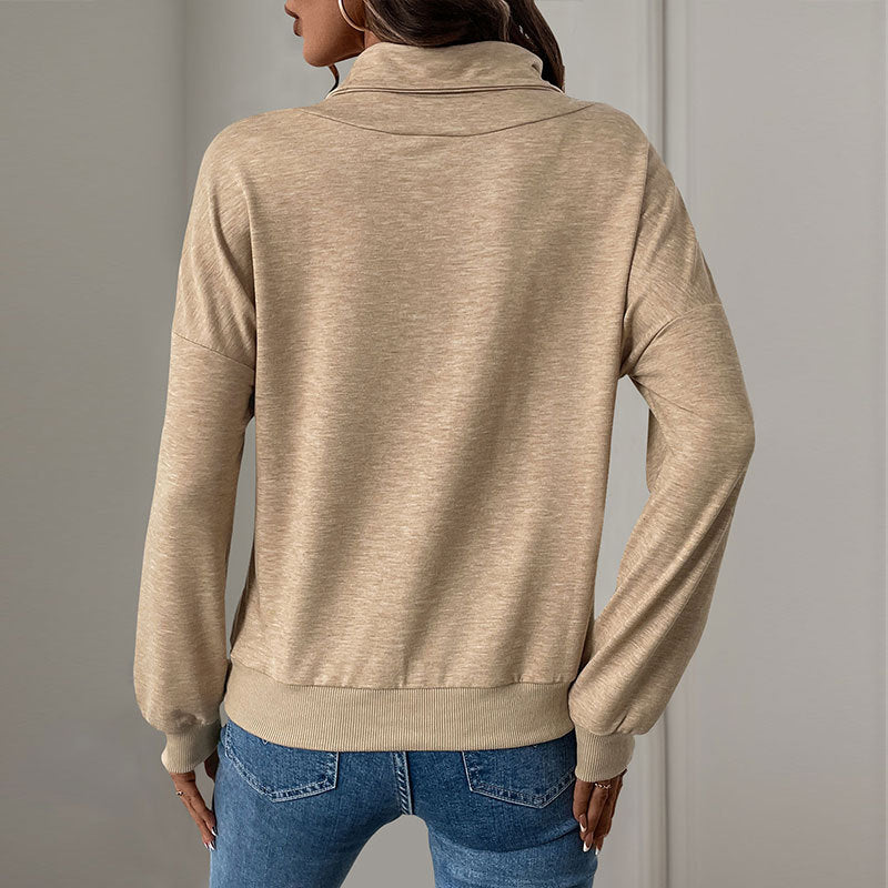 Women Autumn Winter Sweater Stand Collar Pleated Front Button Detail Long Sleeves