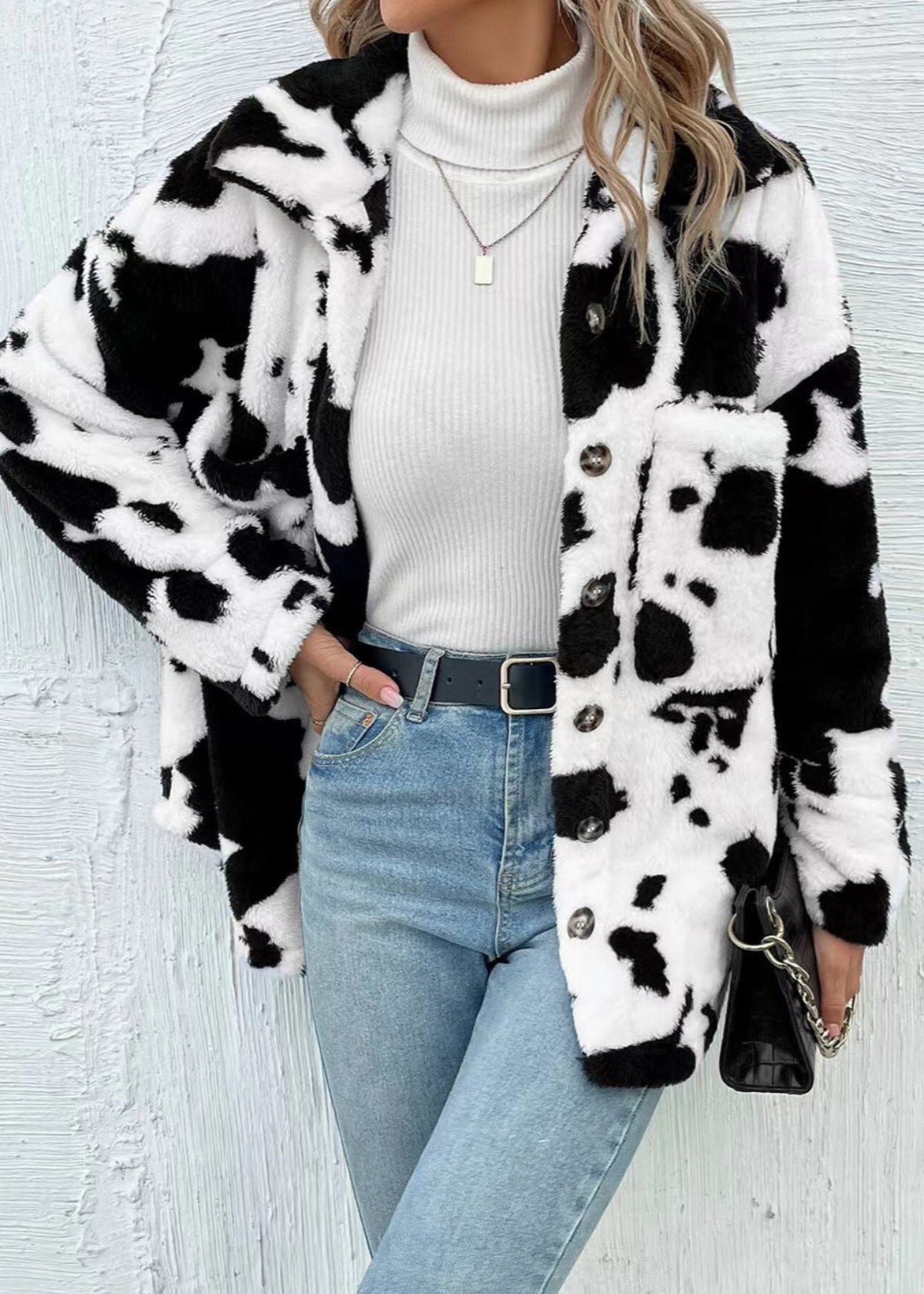 Women Winter Cardigan Coat Double-Sided Plush Cow Print Front Pockets