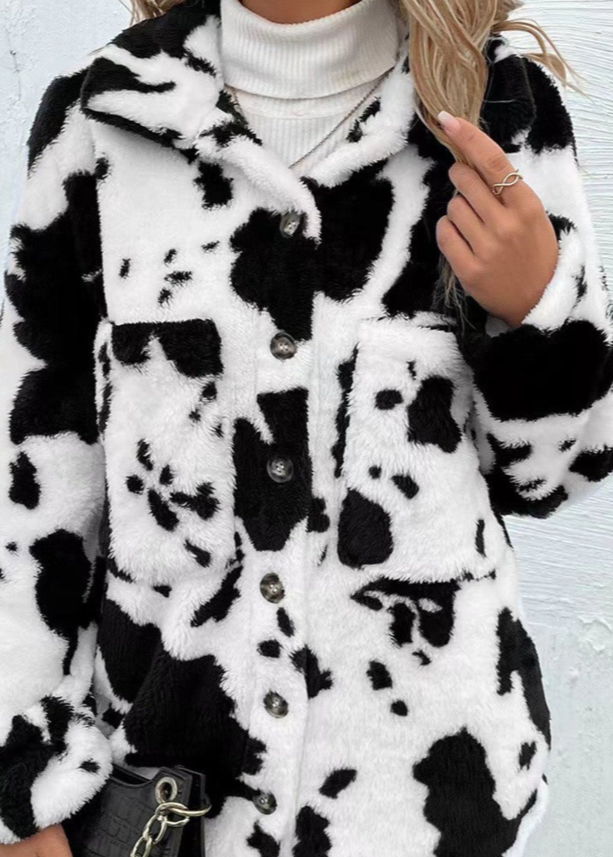 Women Winter Cardigan Coat Double-Sided Plush Cow Print Front Pockets