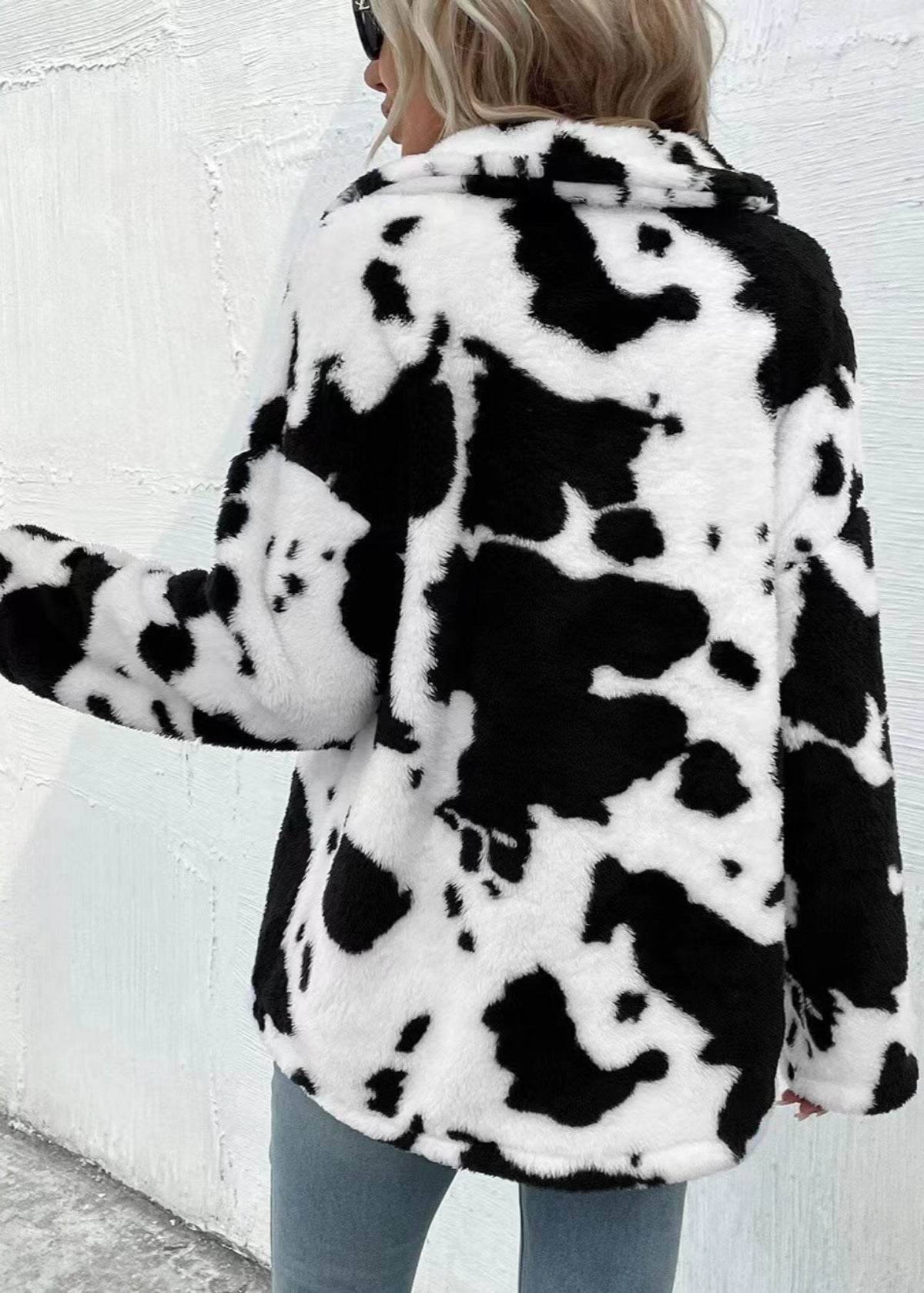 Women Winter Cardigan Coat Double-Sided Plush Cow Print Front Pockets