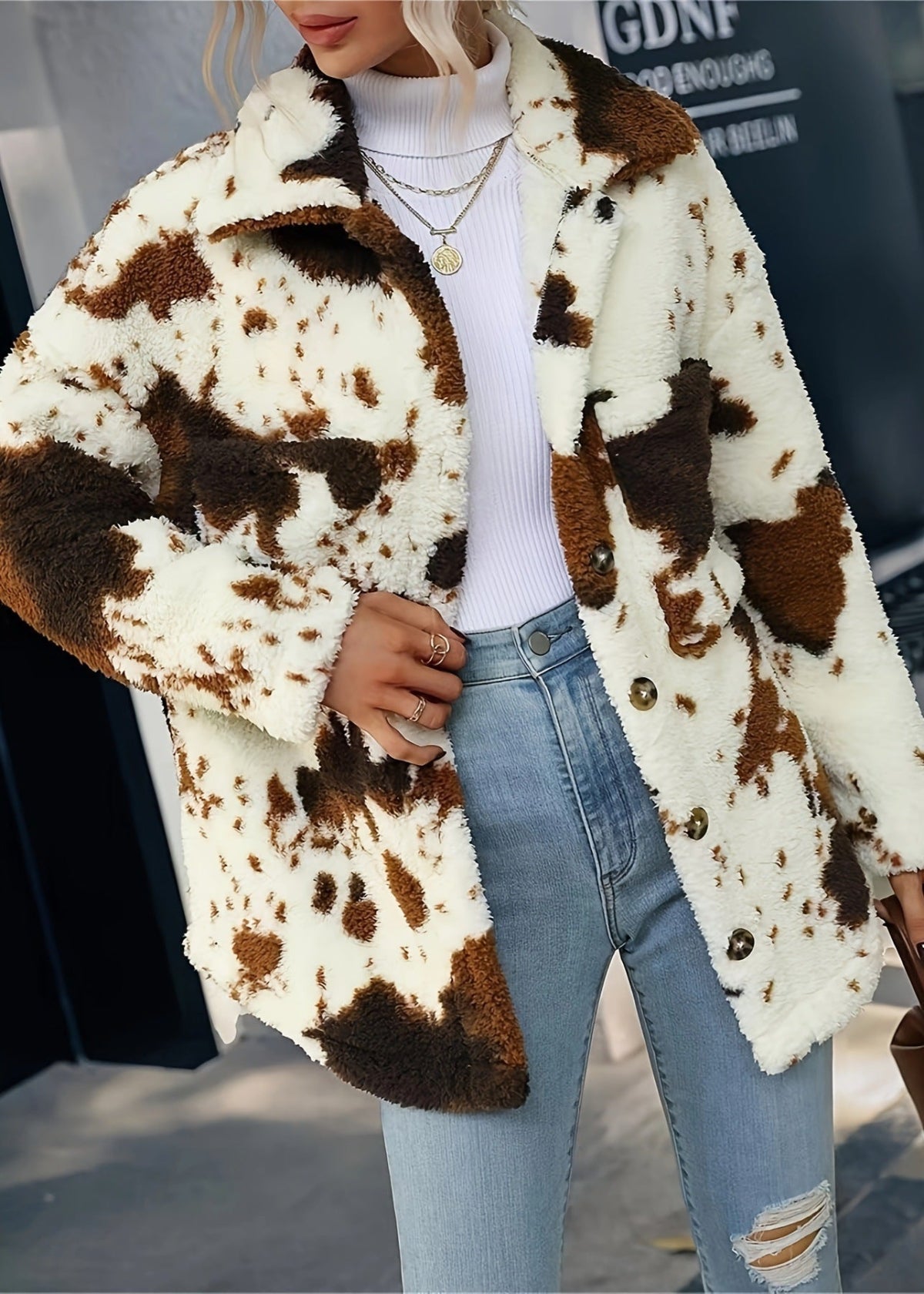 Women Winter Cardigan Coat Double-Sided Plush Cow Print Front Pockets