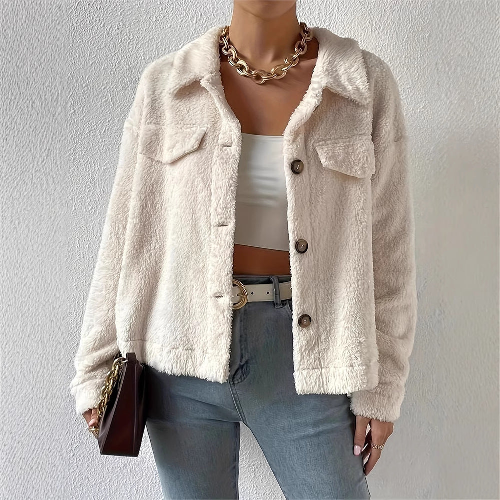 Women Autumn Short Coat Single-Breasted Lapel Collar Long Sleeves
