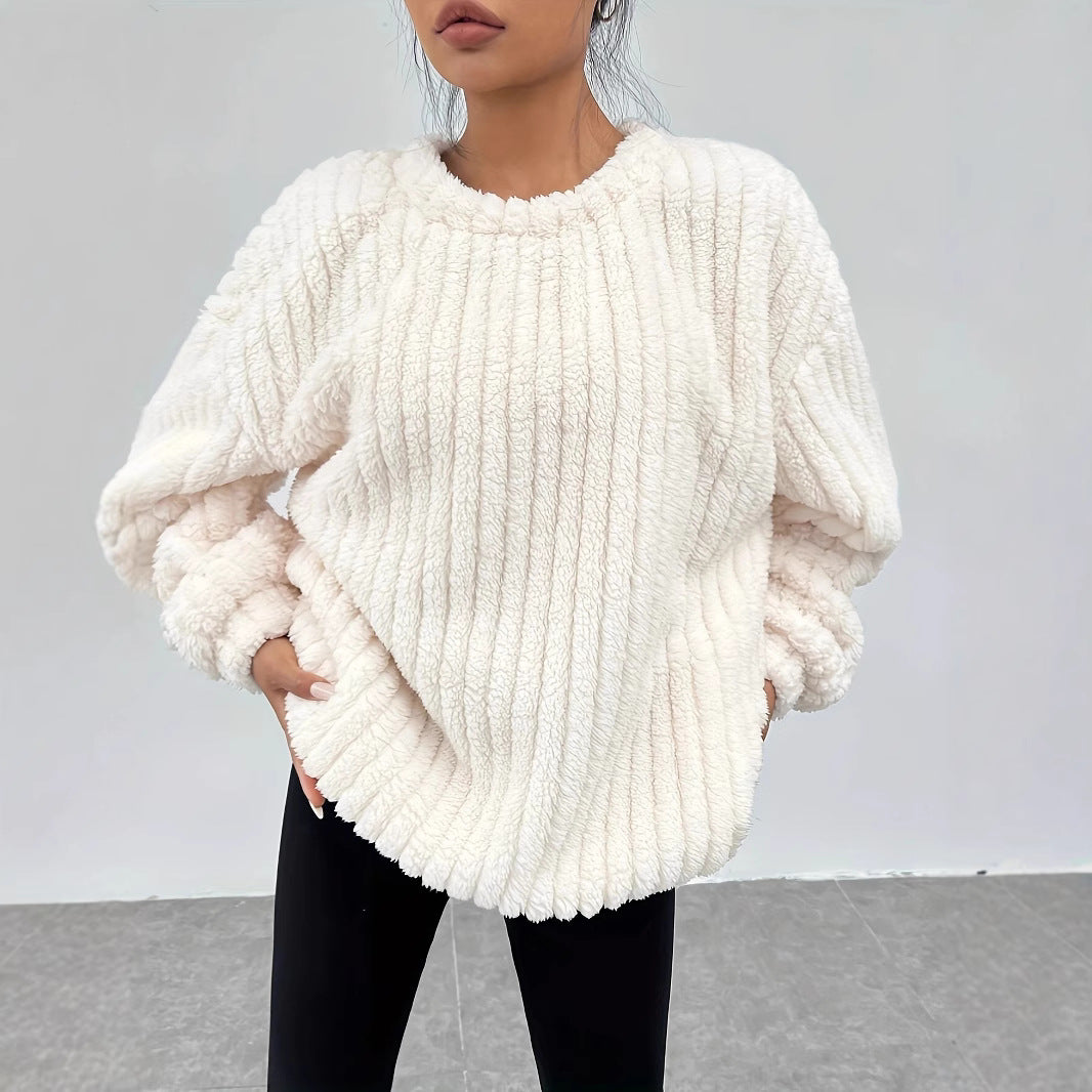 Women Autumn Winter Pullover Sweater Long Sleeves Fur Trim Solid Color