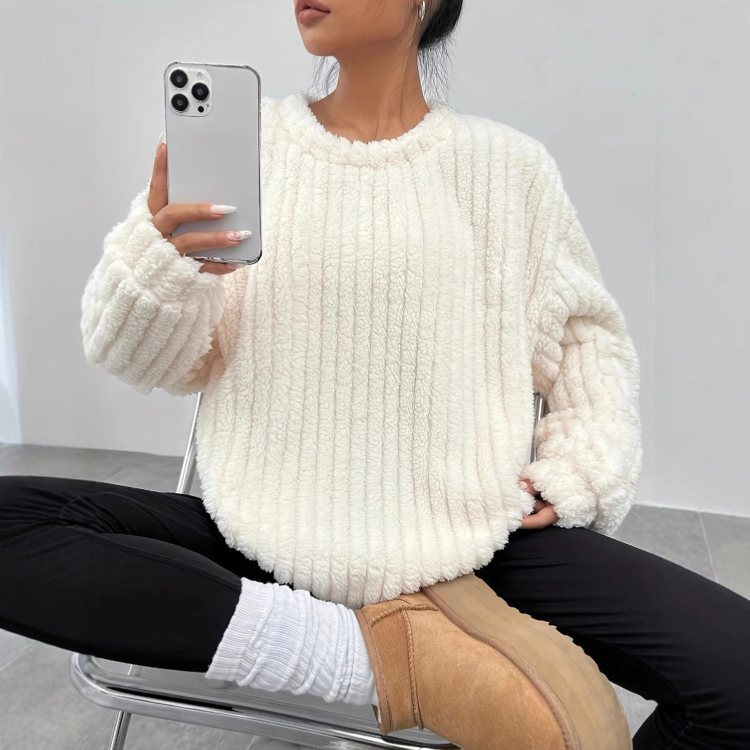 Women Autumn Winter Pullover Sweater Long Sleeves Fur Trim Solid Color