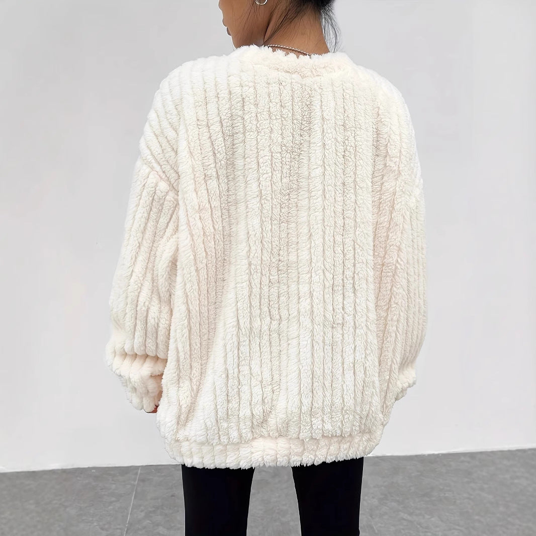 Women Autumn Winter Pullover Sweater Long Sleeves Fur Trim Solid Color