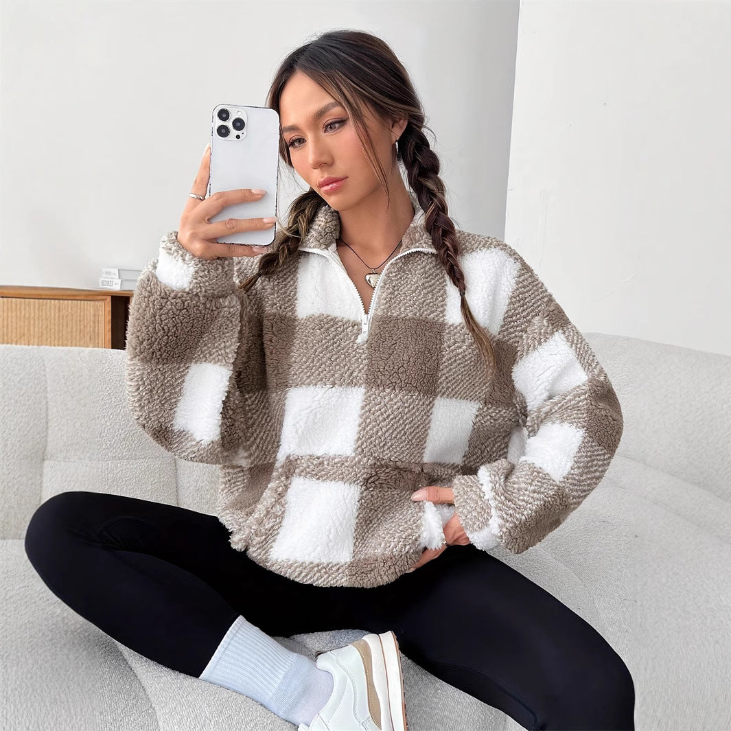 Women Winter Pullover Sweater Long Sleeves Loose Fit Striped Plaid Pattern