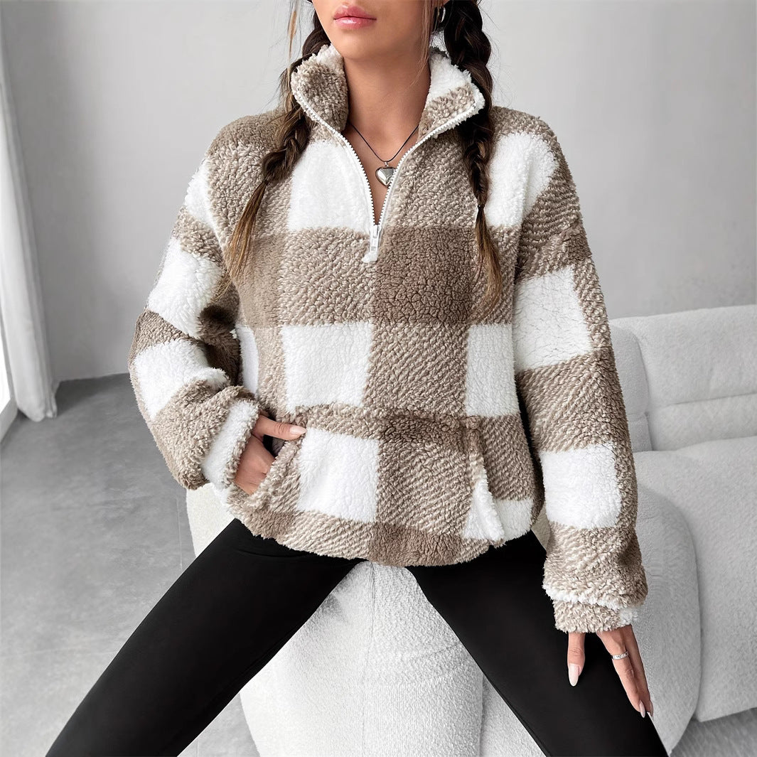 Women Winter Pullover Sweater Long Sleeves Loose Fit Striped Plaid Pattern