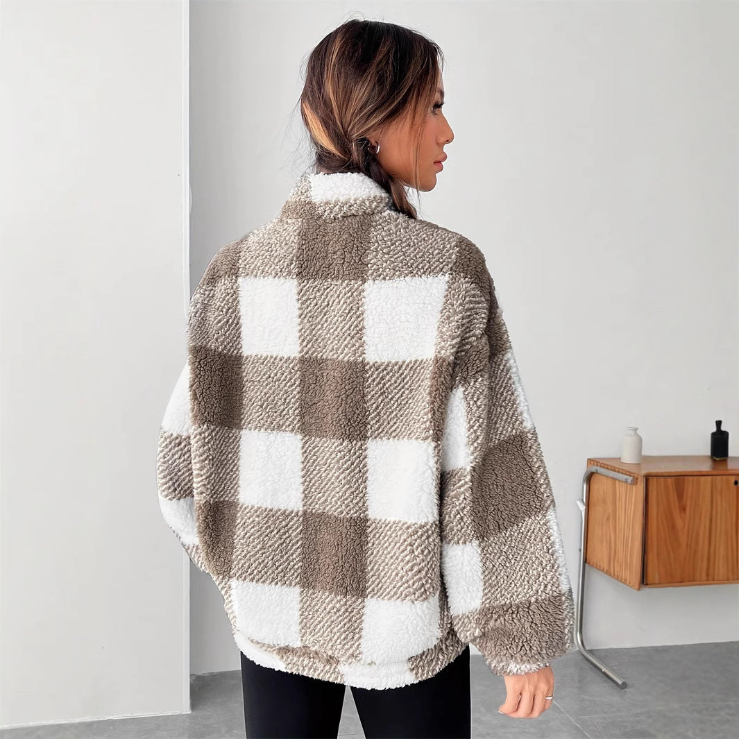 Women Winter Pullover Sweater Long Sleeves Loose Fit Striped Plaid Pattern